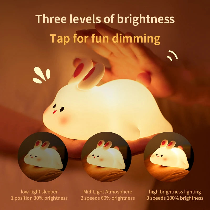 Cute Cartoon LED Night Lights Rabbit Silicone Lamp USB Rechargeable Timing Bedside Sleeping Night Lamp for Room Decor Kids Gift