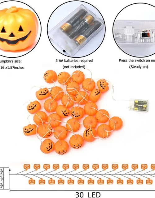 Load image into Gallery viewer, Halloween Pumpkin String Lights with Pumpkin Candy Bucket, 30 LED 16.4Ft, 8 Modes Timer Waterproof Orange Jack-O-Lantern, Outdoor and Indoor Halloween Decorations
