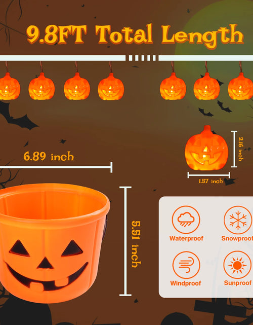 Load image into Gallery viewer, Halloween Pumpkin String Lights with Pumpkin Candy Bucket, 30 LED 16.4Ft, 8 Modes Timer Waterproof Orange Jack-O-Lantern, Outdoor and Indoor Halloween Decorations
