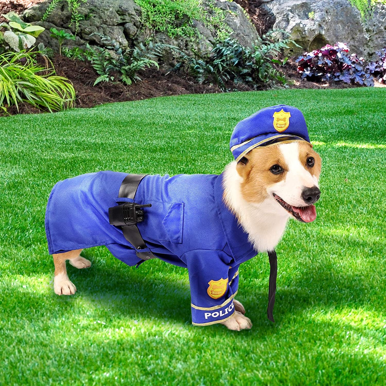 Halloween Dog Pet Police Costume Velcro Shirt with Belt, Handcuffs, Walkie Talkie for Halloween Dress-Up Party, Role Play, Carnival Cosplay, Holiday Decorations Clothes