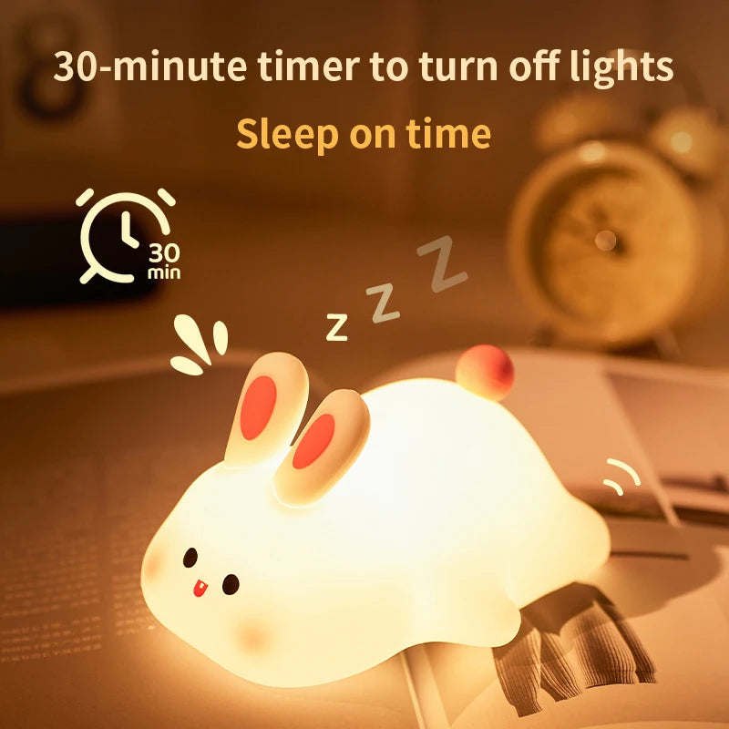 Cute Cartoon LED Night Lights Rabbit Silicone Lamp USB Rechargeable Timing Bedside Sleeping Night Lamp for Room Decor Kids Gift