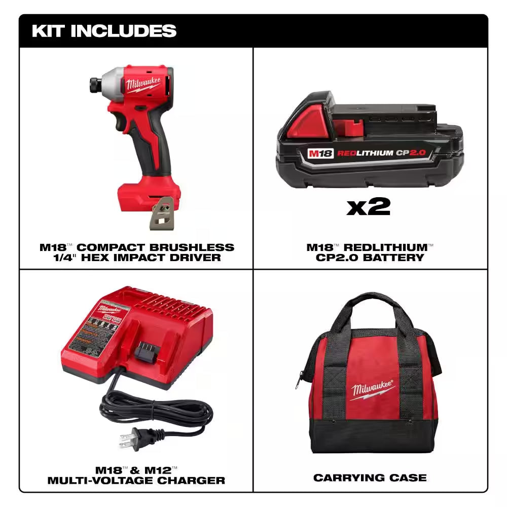 M18 18-Volt Lithium-Ion Compact Brushless Cordless 1/4 In. Impact Driver Kit with One 2.0 Ah Battery, Charger & Tool Bag