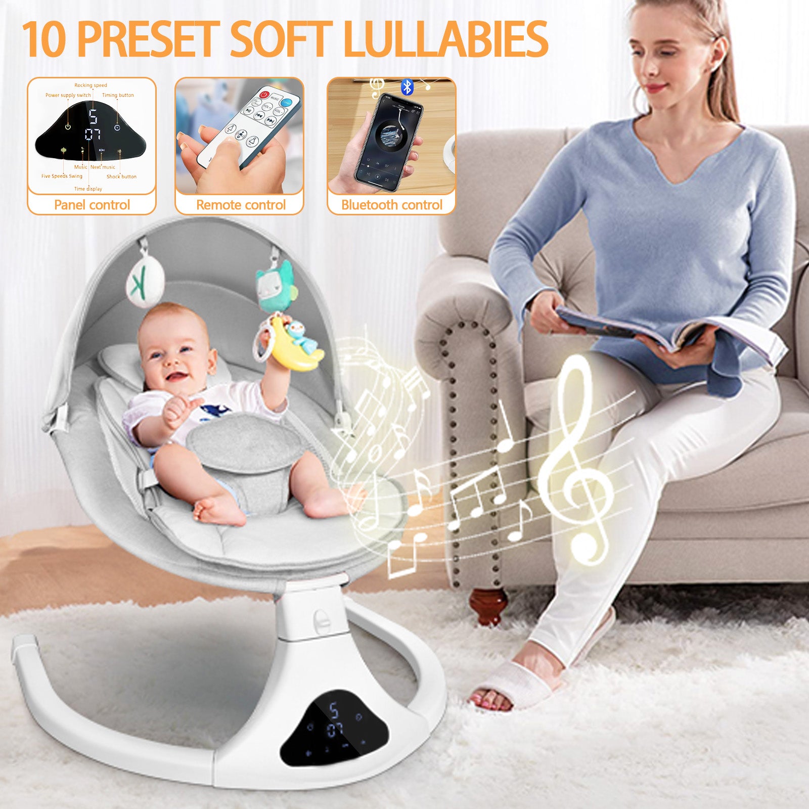 Electric Baby Swing for Infants, Bluetooth Swing Baby Bouncer Baby Rocker with Intelligence Timing, Gray