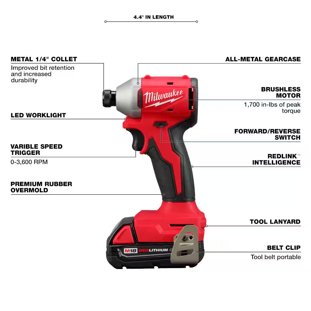 M18 18-Volt Lithium-Ion Compact Brushless Cordless 1/4 In. Impact Driver Kit with One 2.0 Ah Battery, Charger & Tool Bag