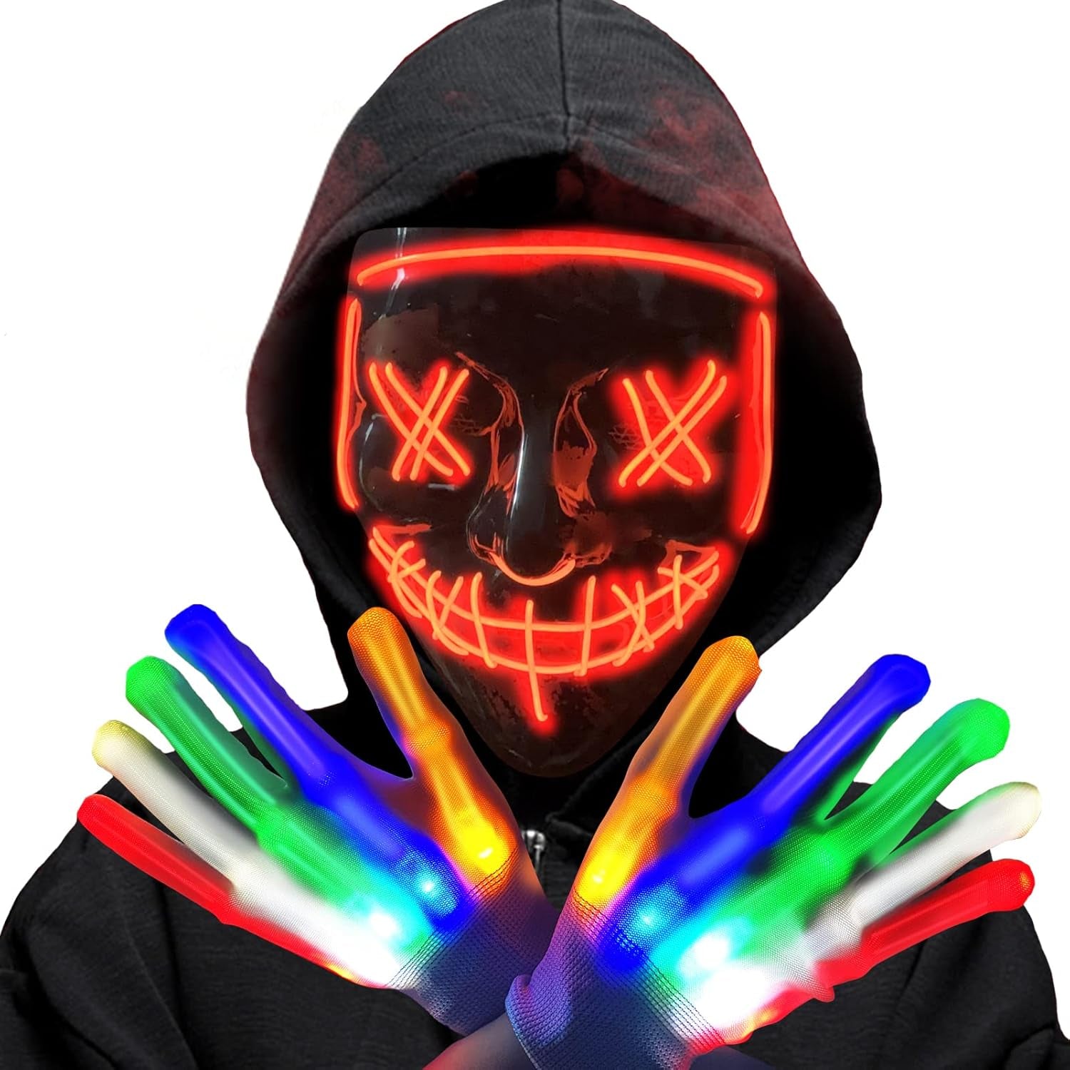 Halloween Scary Mask with LED Gloves Kit, LED Costume Mask EL Wire Light up Mask for Halloween Costume Festival Cosplay