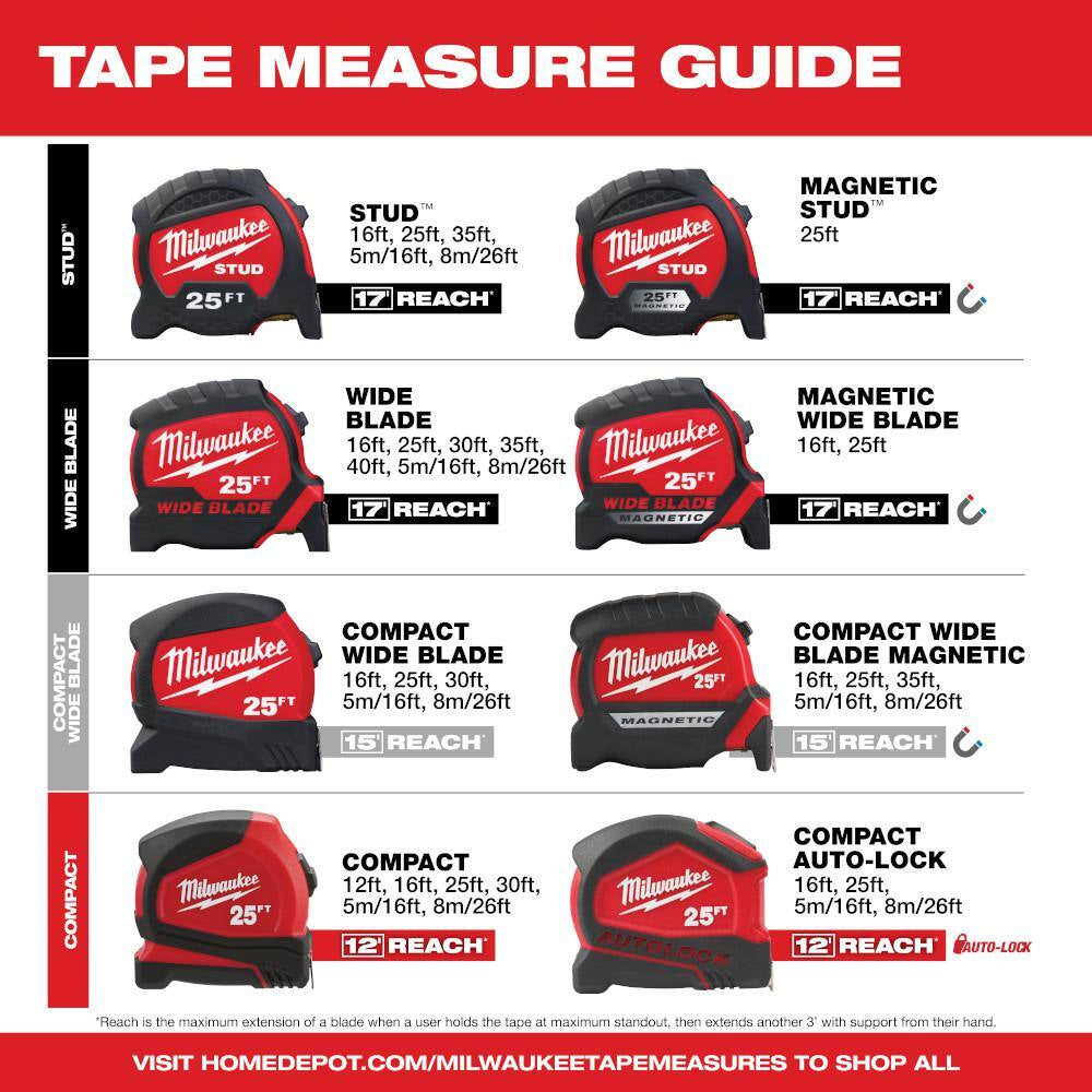 8 M/26 Ft. Compact Tape Measure with Compact Auto Lock 25 Ft. SAE Tape Measure with Fractional Scale and 9 Ft. Standout