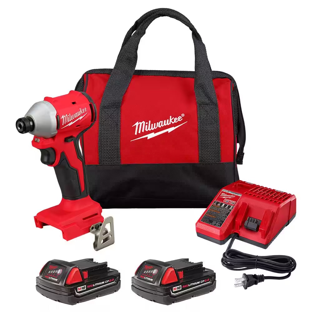 M18 18-Volt Lithium-Ion Compact Brushless Cordless 1/4 In. Impact Driver Kit with One 2.0 Ah Battery, Charger & Tool Bag