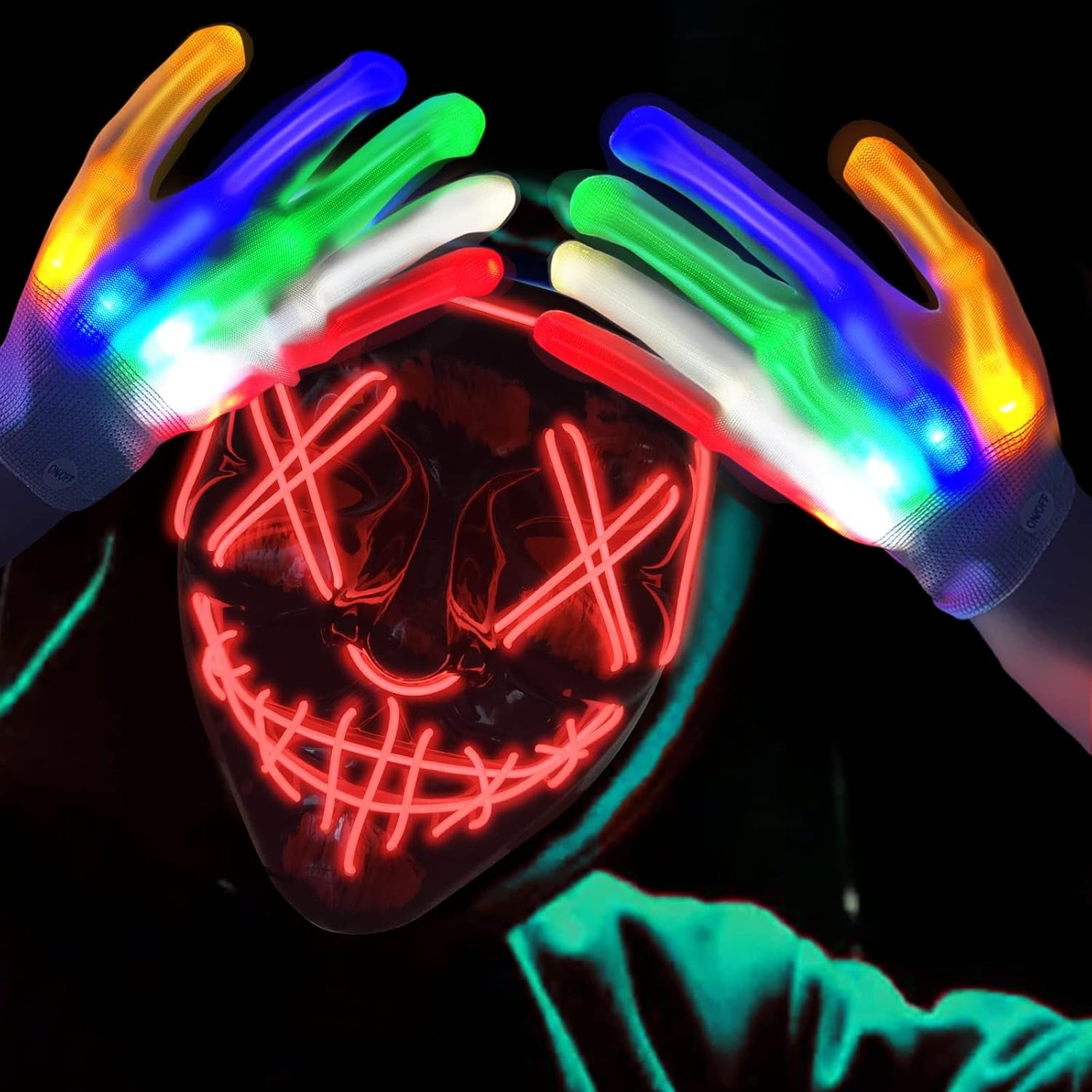 Halloween Scary Mask with LED Gloves Kit, LED Costume Mask EL Wire Light up Mask for Halloween Costume Festival Cosplay