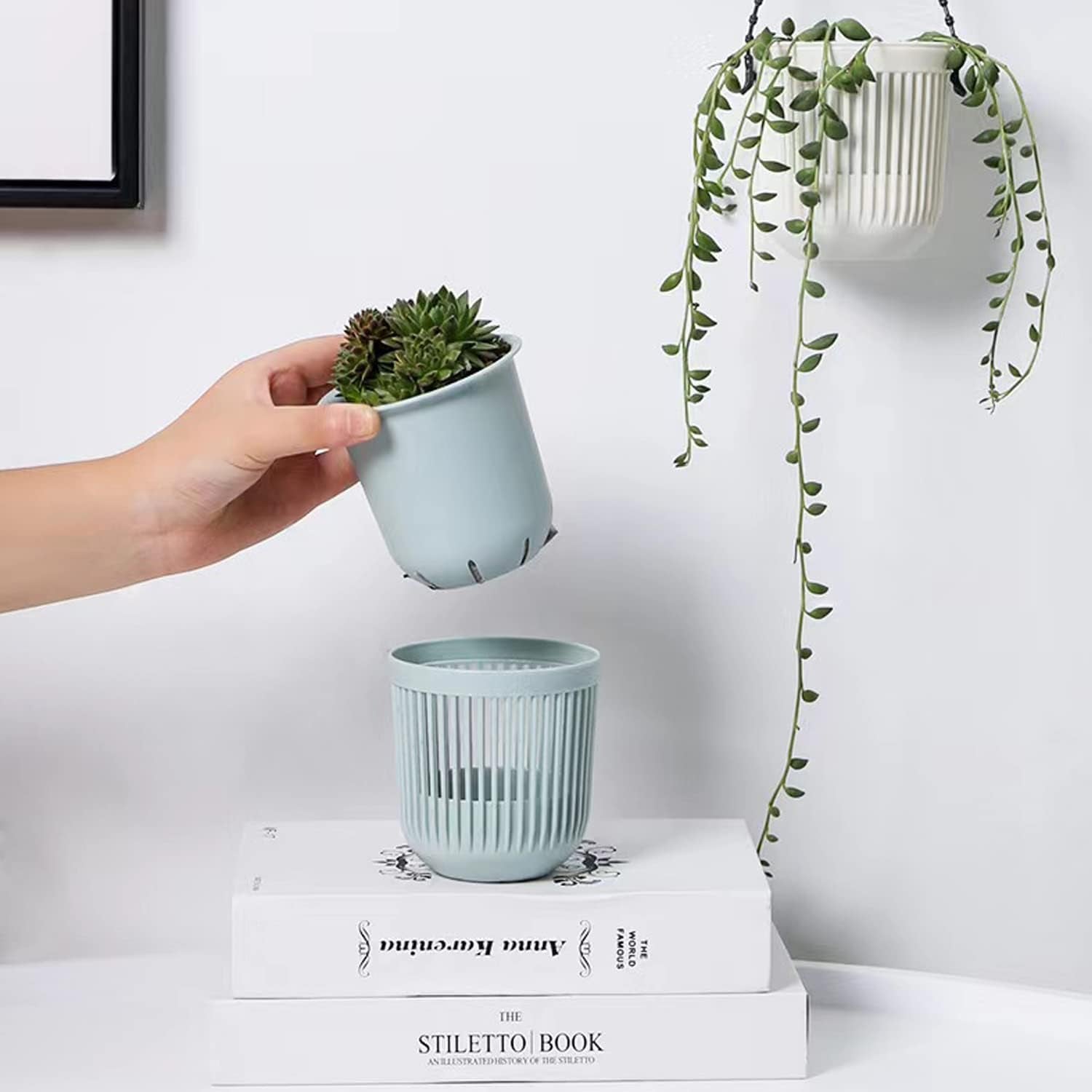 3.5‘’ Two-Piece Succulent Planters Pots with Drainage, Flexible Removable Handle, Planting Pots Flower Pots Small Planter Pots for Mini Plants Hanging Planter on Wall or Window 6 Pcak-White