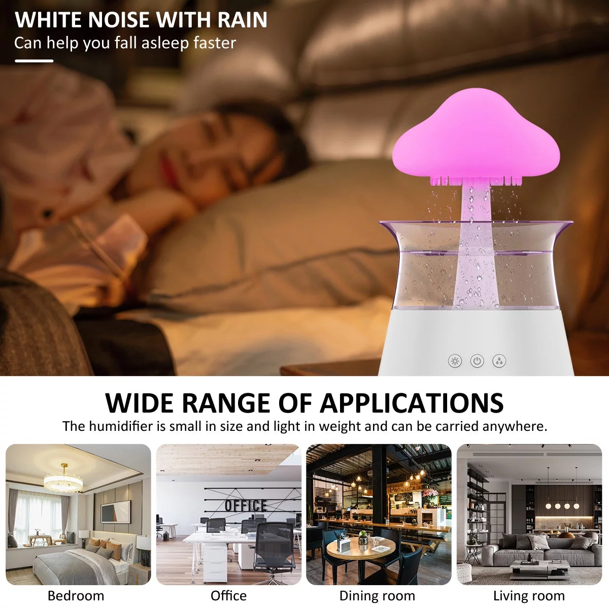 Jetclutch Cloud Rain Humidifier with 7 Colour Lights Timer Portable Raindrop Cloud Humidifier Reusable Aroma Diffuser Humidifier