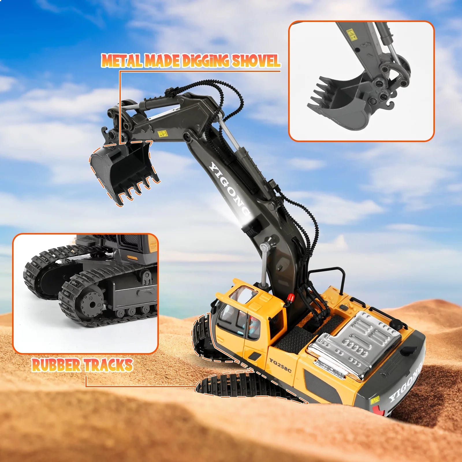 Remote Control Excavator,11 Channel RC Excavator Toys, Rechargeable Construction Vehicle Toys with Lights Sounds,Gifts for Kids 3-12 Years Old