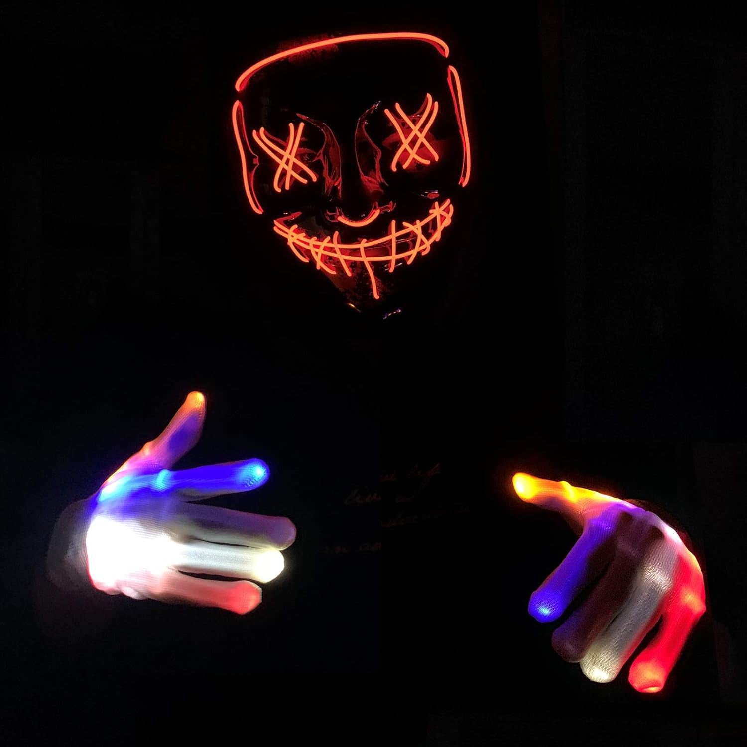 Halloween Scary Mask with LED Gloves Kit, LED Costume Mask EL Wire Light up Mask for Halloween Costume Festival Cosplay