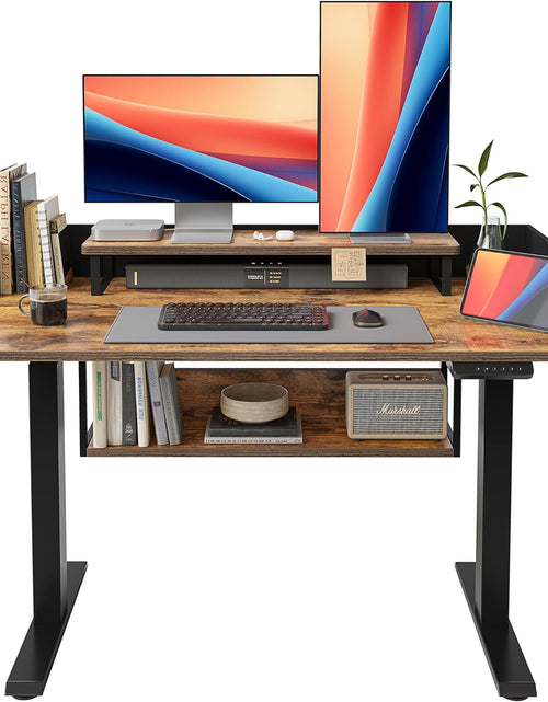 Load image into Gallery viewer, 48&quot; Electric Height Adjustable Standing Desk with Double Shelves, 48 X 24 Inch Home Office Desk with Monitor Stand and Storage, Sit Stand Rising Desk, Rustic
