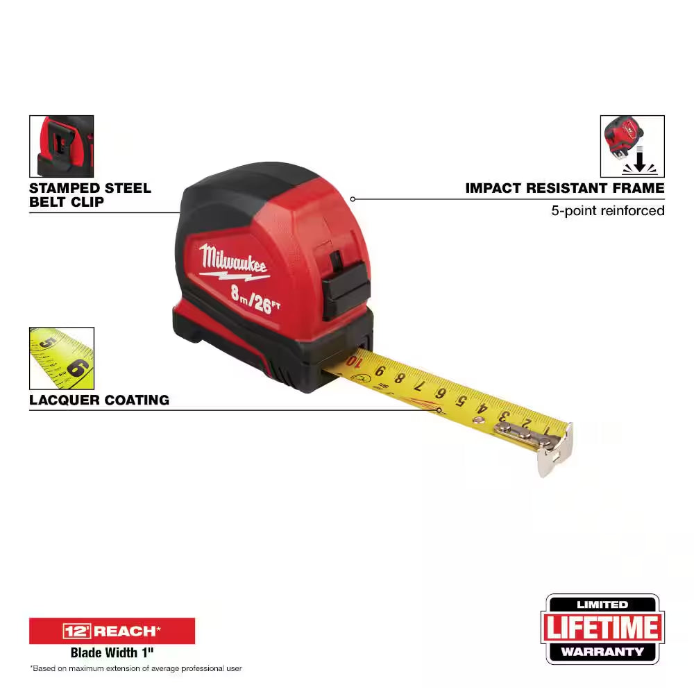 8 M/26 Ft. Compact Tape Measure with Compact Auto Lock 25 Ft. SAE Tape Measure with Fractional Scale and 9 Ft. Standout